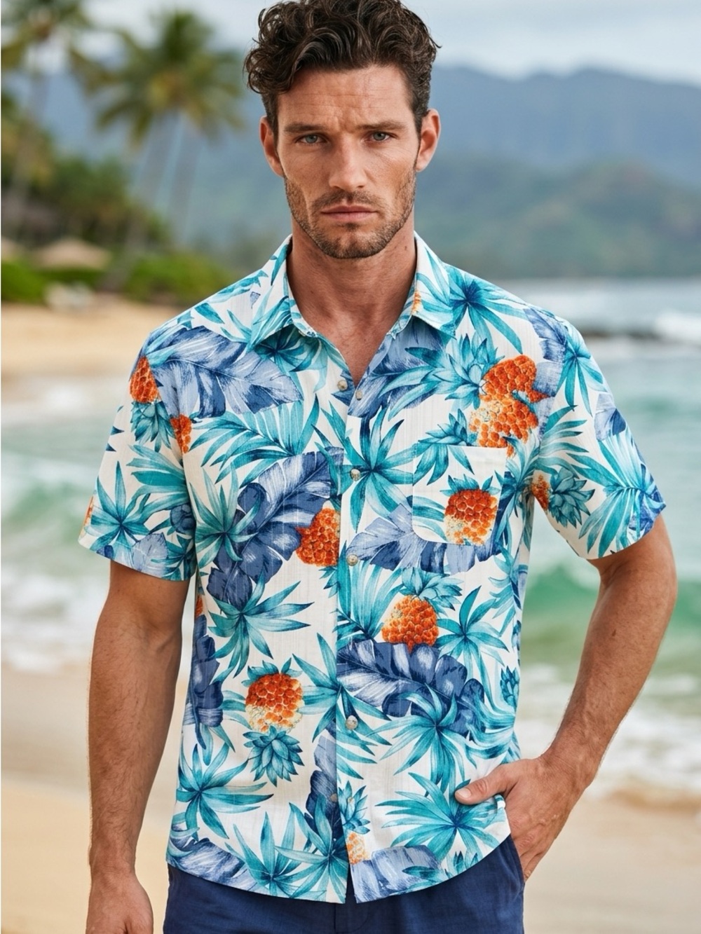 Van Heusen Men's Teal, Blue & Orange Tropical Print Short-Sleeve Shirt
